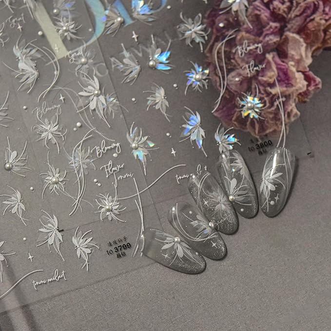 1 Sheet Shell Light Flower Nail Sticker with Rhinestone Design, White Line Nail Decals, 5D Embossed Self-Adhesive Nail Design Stickers for Women Daily DIY Manicure Decoration Supplies
