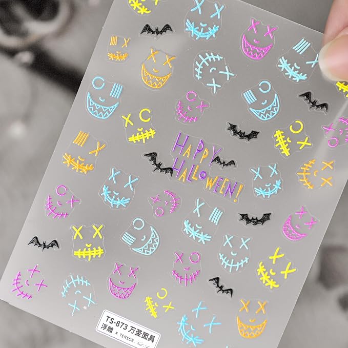 Halloween Nail Stickers for Nail Art - Nail Mask Nail Art Sticker Halloween 5D Embossed Nail Decals Self-Adhesive Nails Supply Manicure Stickers for Nails Decoration