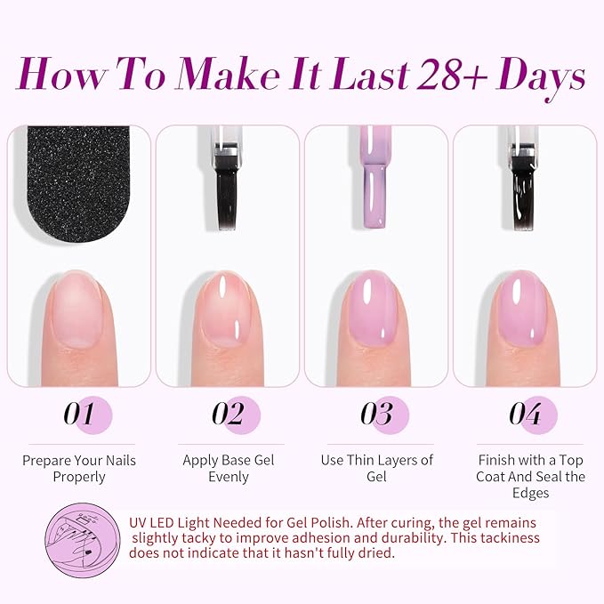 BORN PRETTY Jelly Purple Gel Nail Polish Transparent Sheer Pink Grape Purple Shimmer Glitter Jelly Gel Polsih Nail Art Manicure DIY at Home 6PCS