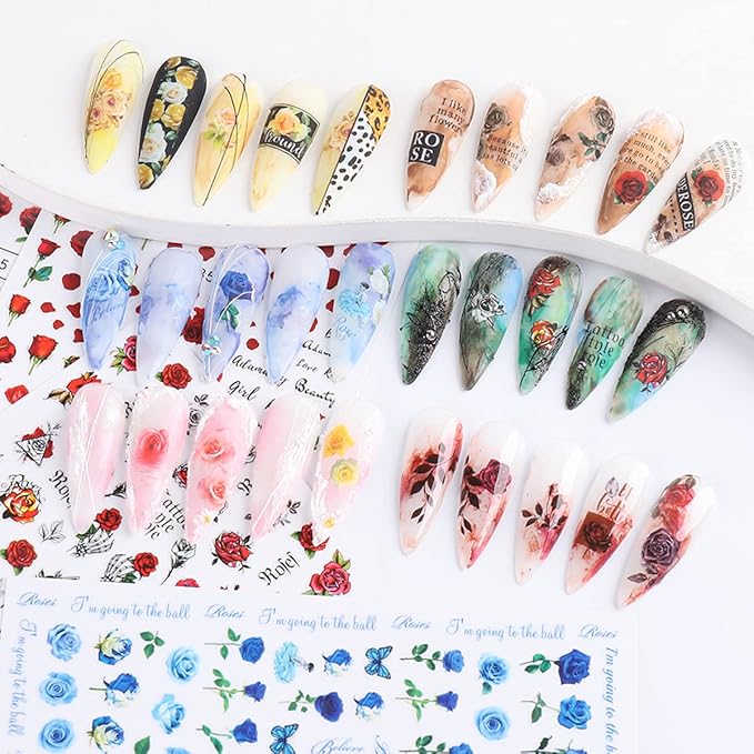 6 Sheets Flower Nail Art Stickers 3D Blue Pink Red Rose Nail Decals Spring Summer Nail Art Supplies Leopard Snake Leaf Butterfly Floral Nail Designs Supply Nail Stickers for Acrylic Nails Decor