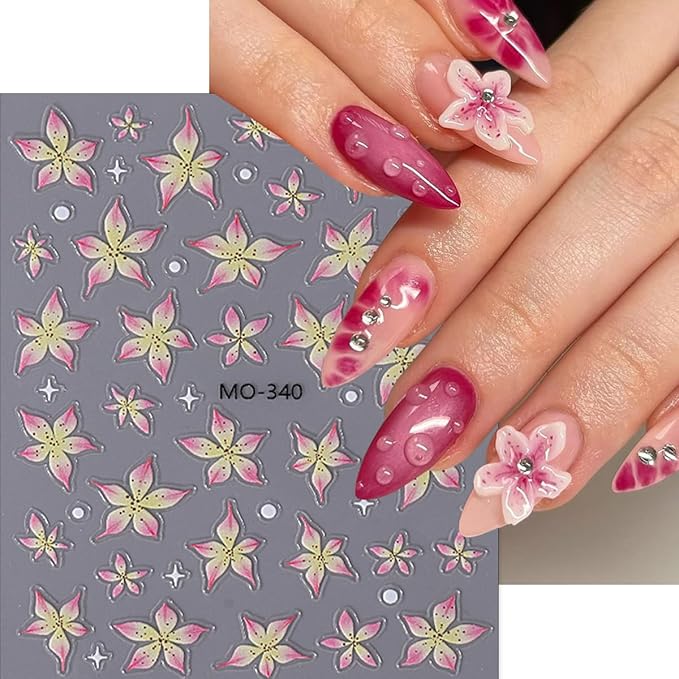 3 Sheets Flower Nail Decals, Lily Nail Stickers, 3D Self-Adhesive Nail Design Stickers for Woman Daily Festival DIY Pink Purple Green Floral Manicure Decoration Supplies