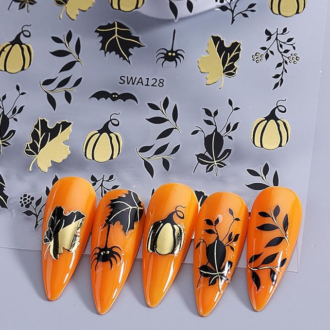 Halloween Pumpkin Nail Art Stickers Decals Fall Maple Leaf Nail Decals 4PCS Ghost Spider Web Bat Fall Leaves Halloween Nails Design 3D Self-Adhesive Nail Stickers for Women DIY Nail Art Decorations