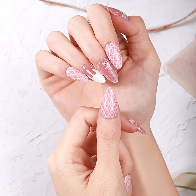 Christmas Semi Cured Gel Nail Strips, 16 Pcs Winter Xmas Gel Nail Stickers Snowflake Designs Wraps for UV/Led Manicure Lamp Nails Art Decorations