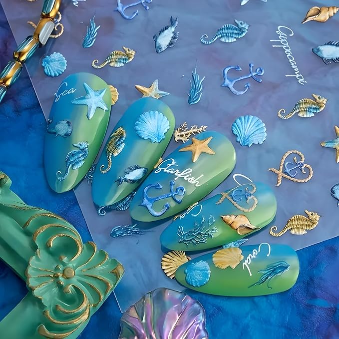 Summer Nail Art Stickers Decals 5D Embossed Self Adhesive Blue Seashell Starfish Nail Stickers Ocean Nail Decals for Nail Art Marine Life Nail Design Decoration Accessories for Women 2 Sheets