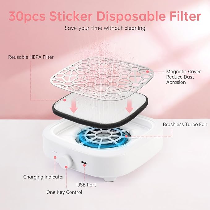 Nail Dust Collector, Cordless Dust Collector Nail Tech, Compact Powerful 6000RPM Nail Vacuum Fan Rechargeable Dust Extractor for Acrylic Gel Polish Manicure Pedicure for Home, White