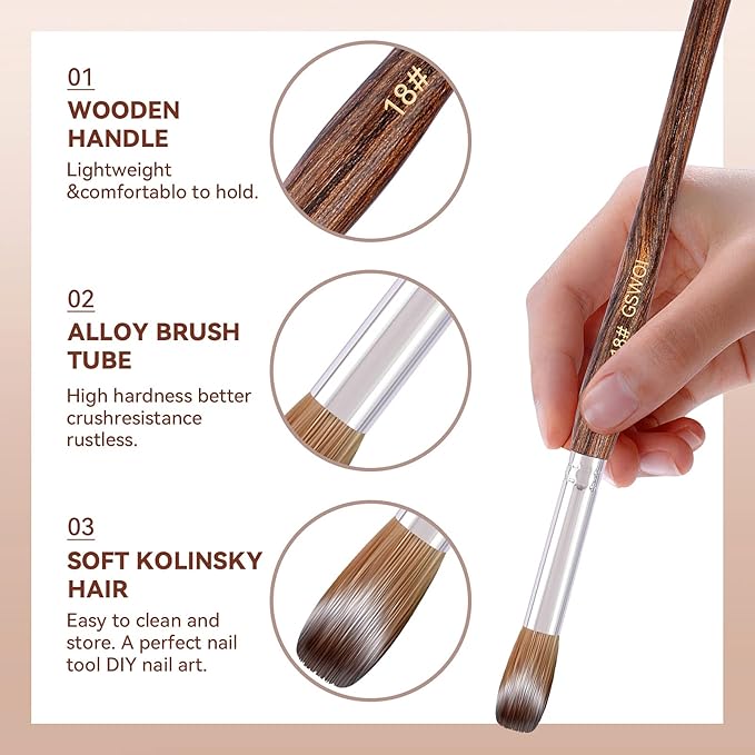 100% Kolinsky Acrylic Brush Size 22 - Wood Handle for Nail Application, Extension - Professional Manicure Salon and DIY at Home Tool (#22)
