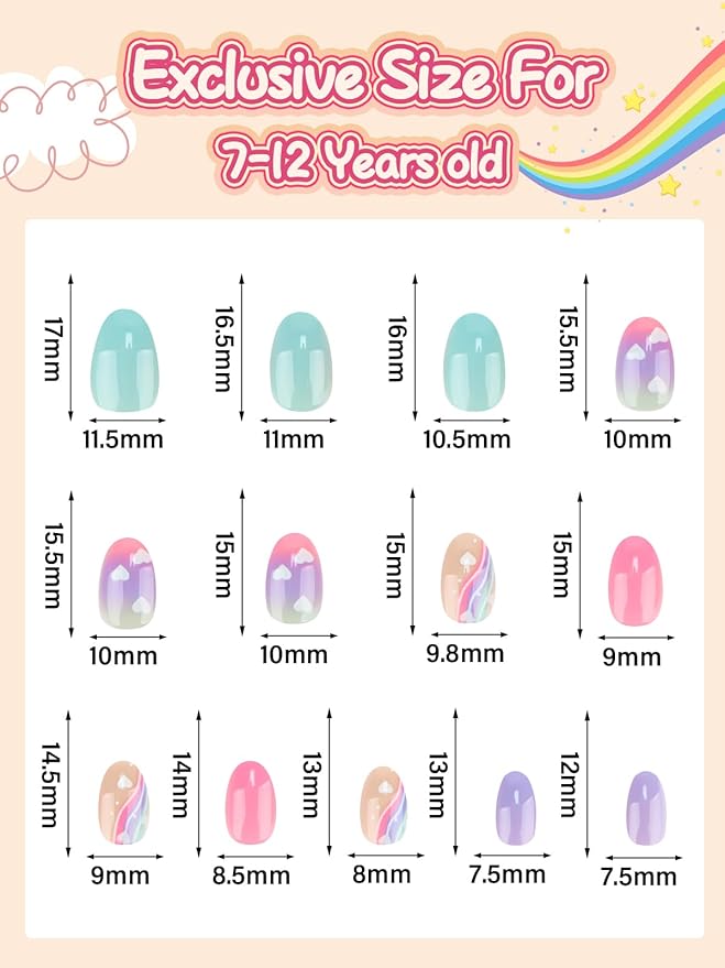 EBANKU 26 Pcs Kids Press on Nails Kit, Fake Nails for Girls 5-12 Years Colorful Purple Blue False Nails with Nail Glue, Short Full Cover Press on Nails Tip for Child