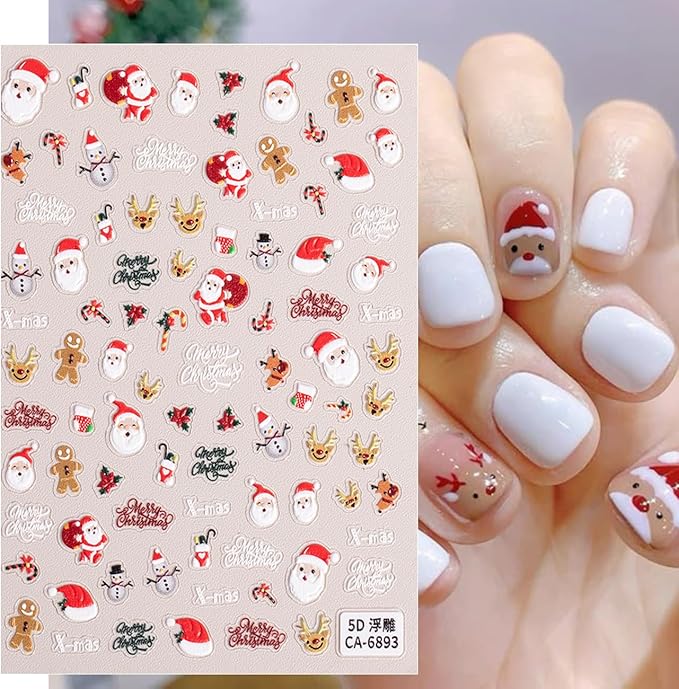 6Sheets Cute Christmas Nail Art Stickers 5D Embossed Cute Santa Claus Elk Designs Nail Decals Self-Adhesive Snowman Snowflake Nail Sticker Xmas Tree Gingerbread Man Nail Decal for Women Nails Decor