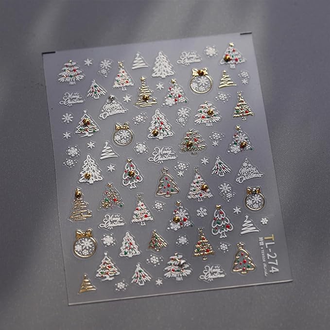 Christmas Nail Stickers 5D Embossed Xmas Tree Nail Decals with Rhinestones Snowflake Winter Nail Design Self-Adhesive Holiday Nail Art Decoration for Women Girls Nail Art Decoration