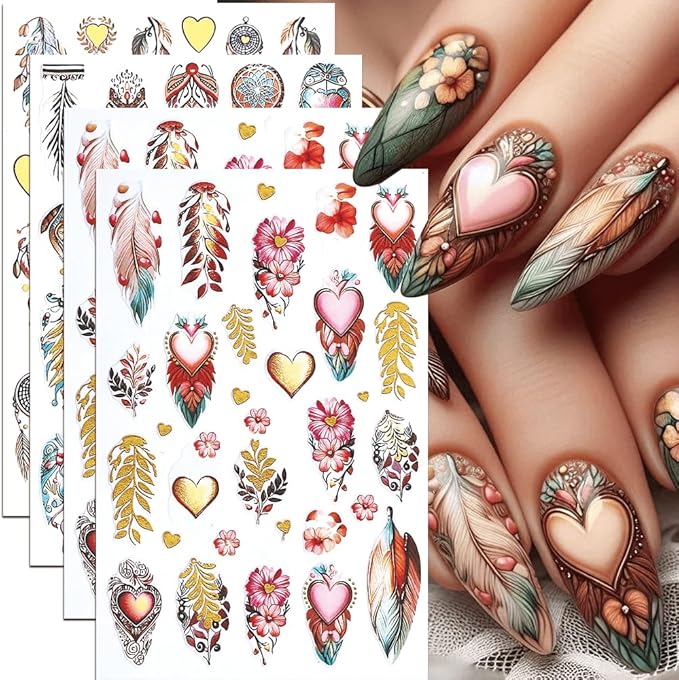 4Pcs Thanksgiving Nail Stickers Gold Leaf Exquisite Totem Nail Decals DIY Self Adhesive Grateful Heart Feather Design Nail Decoration Supplies Holiday Manicure Accessories for Women Girls