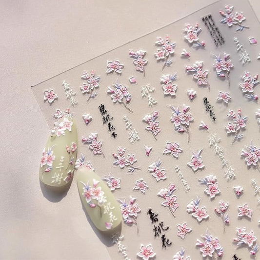 Flower Nail Art Stickers 5D Embossed Spring Nail Stickers for Nail Art White Pink Flower Nail Decals Summer Floral Nail Supplies Self Adhesive Manicure Decoration for Women Girls
