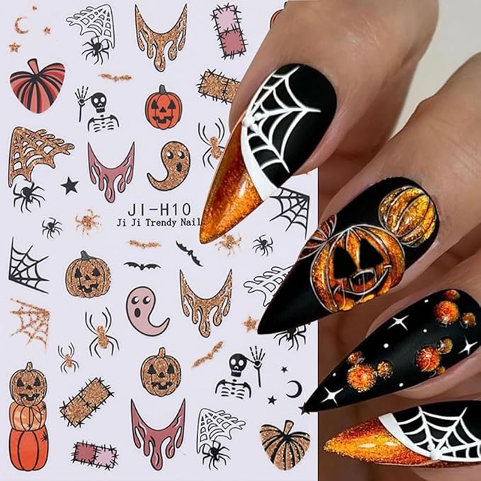 Halloween Nail Stickers for Nail Art, 3D Self-Adhesive Halloween Nail Decals Nail Art Supplies 6PCS Glitter Pumpkin Spider Web French Tip Cute Design Holiday Sticker for Women DIY Manicure Decorations