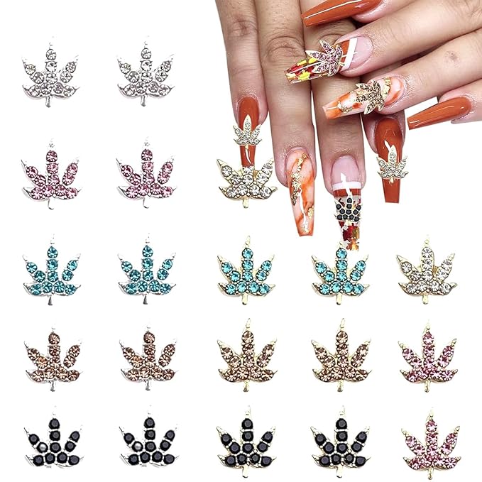 20 Pcs Fall Maple Leaf Nail Charms - Colorful 3D Alloy Crystal Maple Leaves Nail Rhinestones Mix Luxury Jewelry Gems for Women DIY Manicure