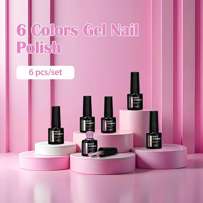 MEET ACROSS Gel Nail Polish Set 6 Pcs Glitter Colors Gel Nail Kit Art Design Soak Off UV LED (SET-6, 6pcs)