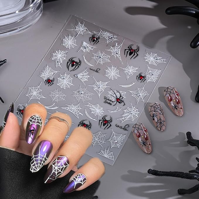 4 Sheets Halloween Nail Stickers for Nail Art Black White Spider Web Nail Decals 3D Self-Adhesive Spider with Red Rhinestones Nail Design Decals Goth Halloween Holiday Nails Supply for Women Manicure