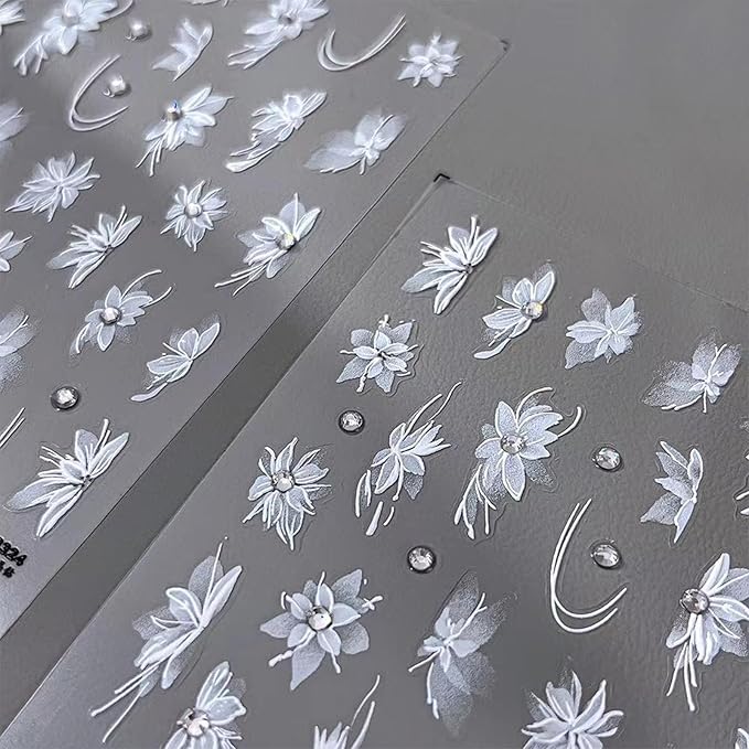 2 Sheets White Flower Nail Art Stickers 5D Embossed Nail Decals Self-Adhesive Diamond Flower Nail Stickers White Feather Lace Snowflake Design Suitable for Women Girls Nail Art Decoration