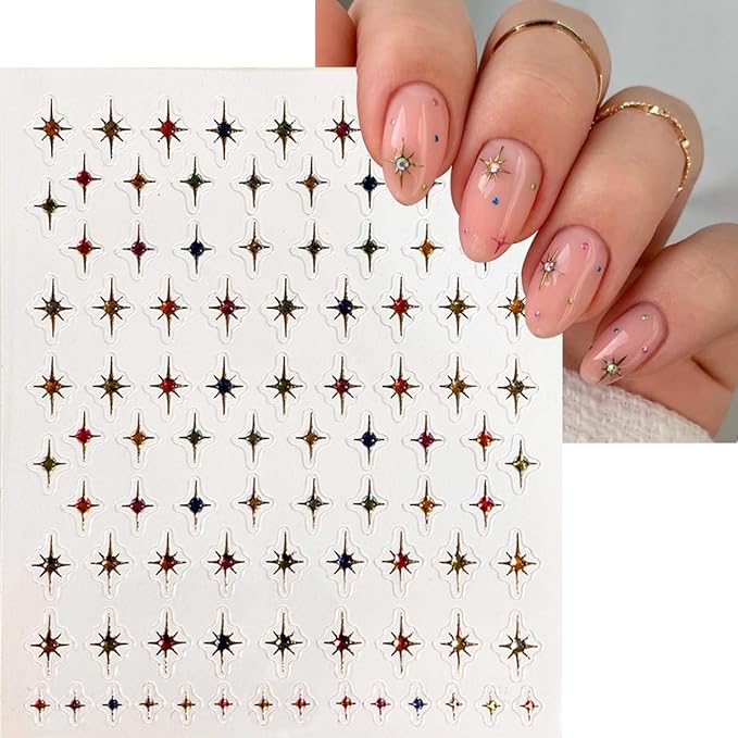 6 Sheets Star Nail Art Stickers Glitter Rhinestones Star Nail Design Stickers Gold Silver Nail Decals Colour Gems Nail Decor 3D Self Adhesive Starlight Nail Art Supplies for Women DIY Manicure