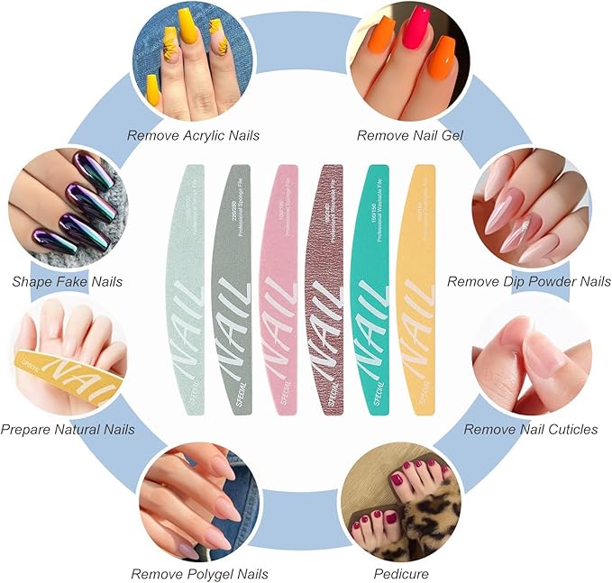 Nail Files and Buffers Kit 6Pcs 100/150/180/220/240/280/1000/4000 Grit Professional Emery Boards Reusable Washable Coarse Nail File for Gel Nails