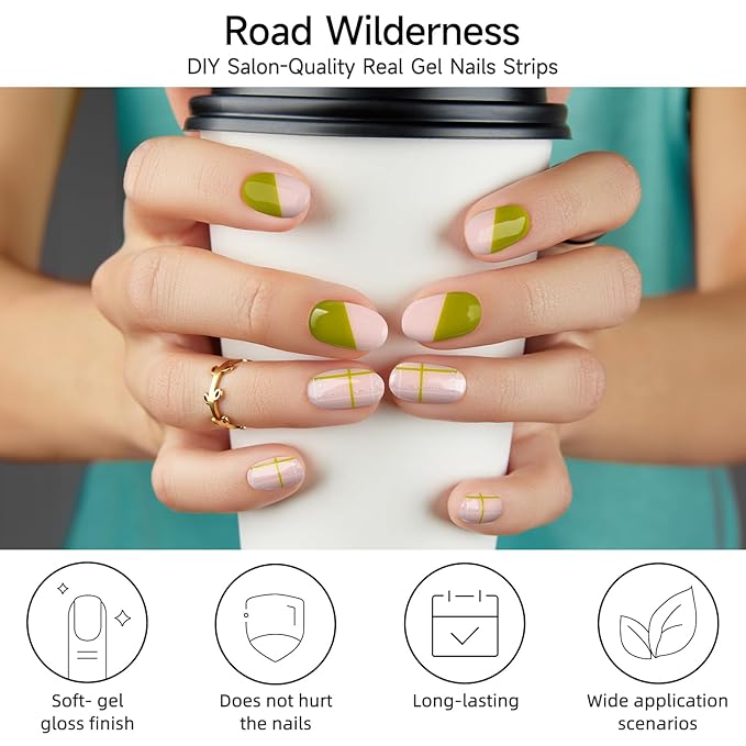 Semi Cured Gel Nail Strips, Road Wilderness | 28 pcs Gel Nail Strips Work with Any UV Lamp, Salon Quality UV Nails Stickers, Easy to Apply for Home Nails DIY