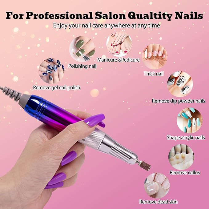 Electric Nail Drill Machine 35000RPM Professional Portable Nail File Cordless Rechargeable Nail Efile for Acrylic Gel Nails Manicure Pedicure Polishing Shape Tools for Salon Home Use Nail Drill(Blue)