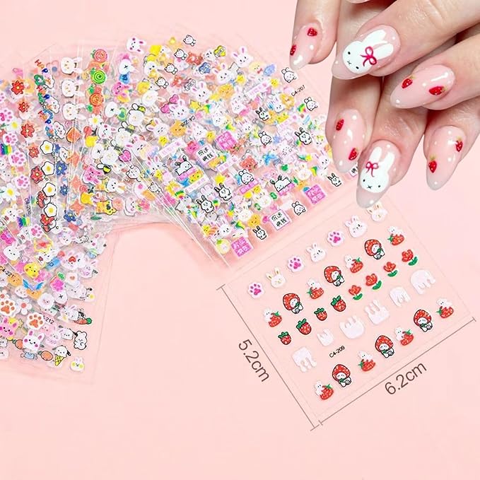 30 Sheets Cute Bunny Nail Art Stickers Set Easter Nail Sticker 3D Cats Paw Design Stickers Self-Adhesive Cartoon Nail Supplies Rabbit Cherry Cat Claw Nail Decorations for Women Girl