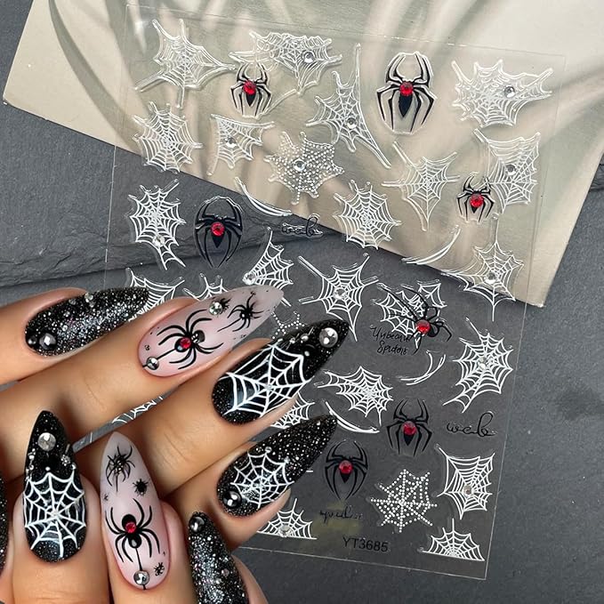 4 Sheets Spider Nail Art Stickers Self Adhesive Halloween Nail Decals Black White Spider Web with 3D Red Gem Rhinestones Designs Nail Sticker Luxury Halloween Nails Decoration for Women Manicure Tip