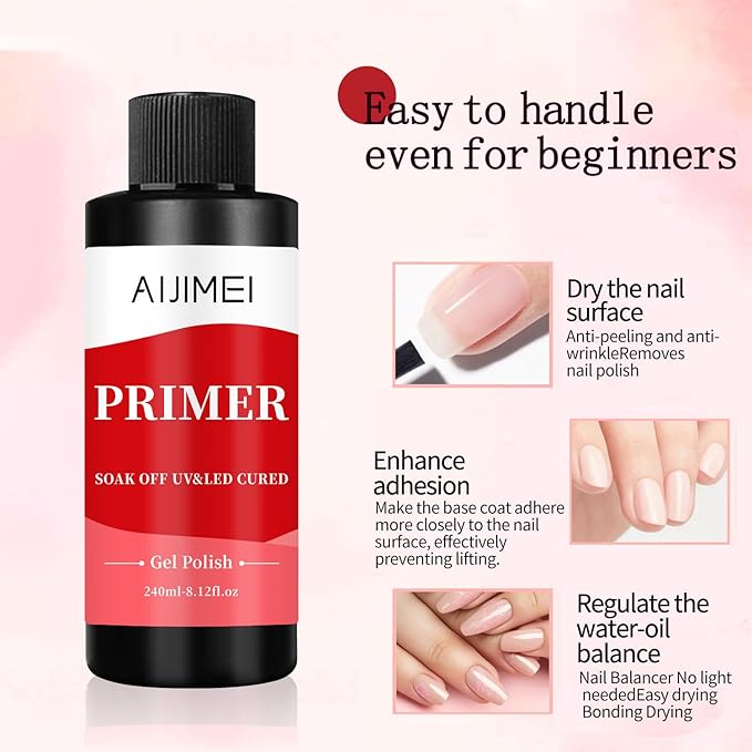 AIJIMEI 240ml Rapid-Dry Nail Primer, Nail Primer for Stronger Nails Enhances Adhesion & Shine Primer for Nail, Sensitive Skin Nail Care Compatible with All Polishes Nail Art 8 Fl Oz