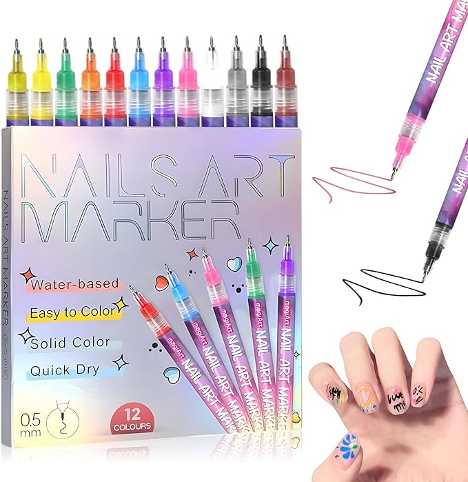 12 Colors Nail Art Pens Set, 3D Quick-Dry 0.5MM Nail Polish Pens, 2025 DIY Nail Art Marker Graffiti Dotting Pen for Nails Art Design Manicure Nail DIY Decoration