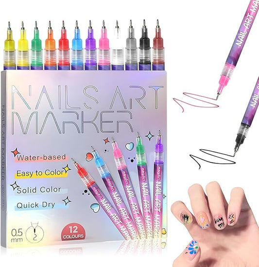 12 Colors Nail Art Pens Set, 3D Quick-Dry 0.5MM Nail Polish Pens, 2025 DIY Nail Art Marker Graffiti Dotting Pen for Nails Art Design Manicure Nail DIY Decoration