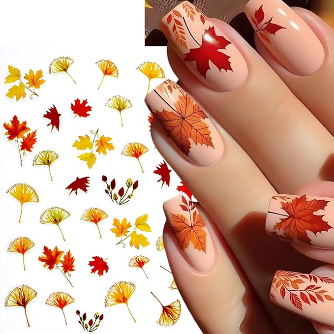 8 Sheets Autumn Maple Leaves Nail Stickers Glitter Pumpkin Nail Decals 3D Self-Adhesive Maple Leaf Nail Art Supplies Fall Ginkgo Leaf Stickers for Nails Thanksgiving Day Women DIY Manicure Decoration