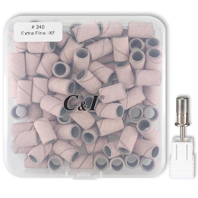 C & I Nail Sanding Bands 100 PCS Plus Upgrade Mandrel 1 PC, Nail Drill Bits for Acrylic Gel Nails Remove, Natural Nails Buffer for Nail Prep and Nail Shiner (Pink, #240 Extra Fine)
