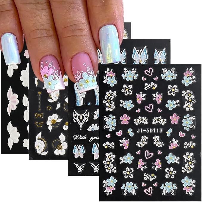 Acrylic Flowers for Nails 4 Sheets 5D Embossed Floral Nail Decals Colorful Flowers Nail Stickers, Gold Strip Lines Swirls French Tip Nail Stickers, Daisy Butterfly Stickers Pegatinas Uñas