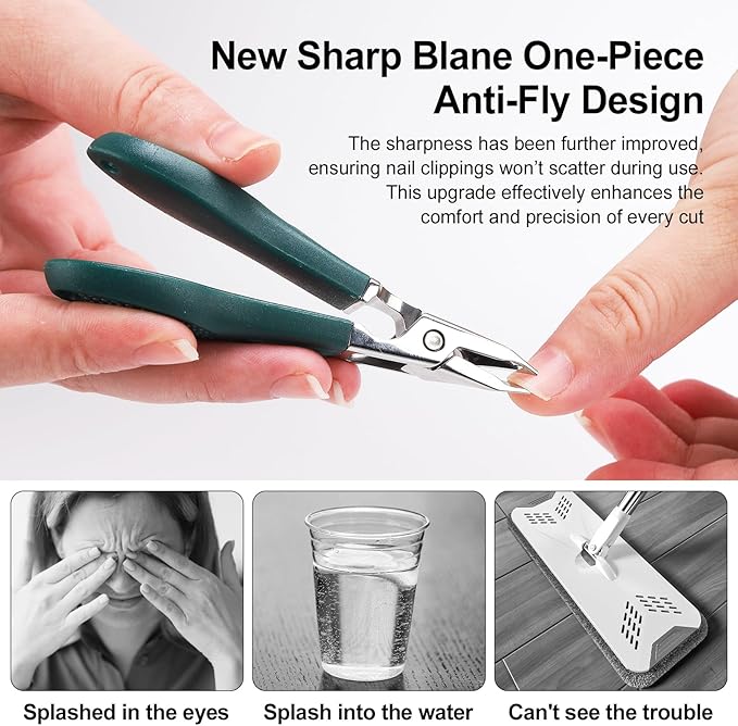 Eagle Beak Nail Clippers for Ingrown & Thick Nails – Beveled/Slanted/Angled Blades, Long Handle Wide Jaw, Anti-Splash Ultra Sharp Stainless Steel Edge 3-Piece Set for Men/Women (Green)