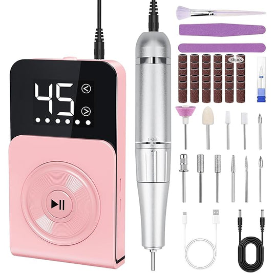Nail Drill, Professional 45000RPM Electric Nail File with 12 Drill Bits Remover Gel Nail Polish Acrylic Nails Manicure for Salon Home(Pink)