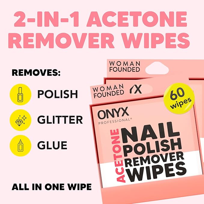 Onyx Professional Nail Polish Remover Pads, 60 Wipes - Acetone Wipes, Individually Wrapped, Fingernail Travel Kit to Clear Nail Polish, Acetone Pads
