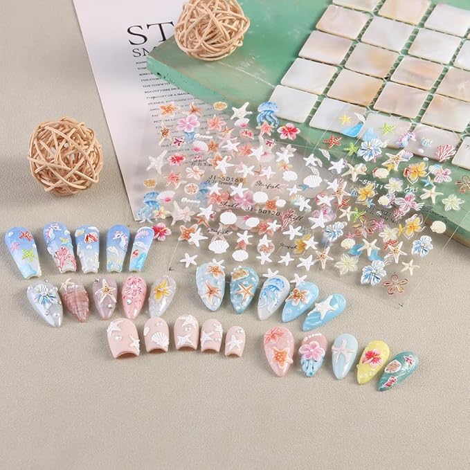 Ocean Life 5D Embossed Nail Art Stickers Decals, 5 Sheets Starfish Seashell Jellyfish Hibiscus Flowers Self Adhesive Nail Decals Summer Sea Theme Nail Supplies for Women Girls DIY Manicure Decor
