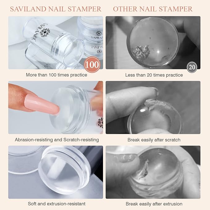 Saviland French Tip Nail Stamp: 8PCS Clear Silicone Nail Stamping Nail Art Stamper Kit, 2+2PCS Long & Short Jelly Stamper with Scrapers Nail Stamper Kit for French Manicure Home DIY Nail Salon