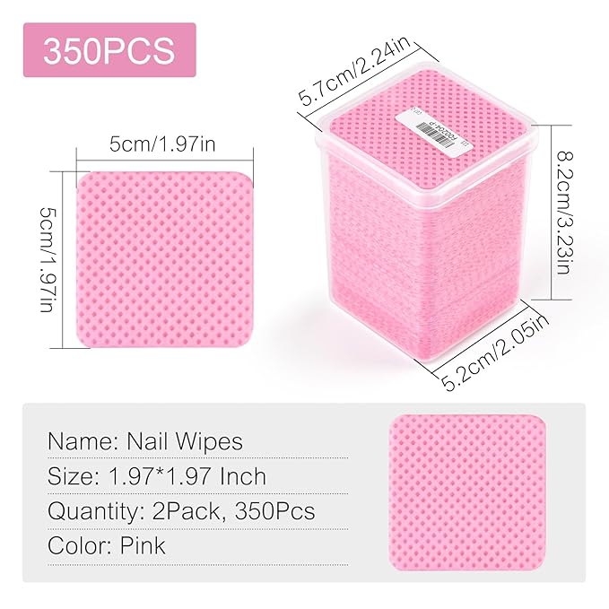 Lint Free Nail Wipes 350Pcs Nail Polish Removal Wipes Disposable Non-Woven Nail Cotton Pads Super Absorbent Eyelash Extension Glue Cleaning Wipes Nail Salon and Home Use, Pink