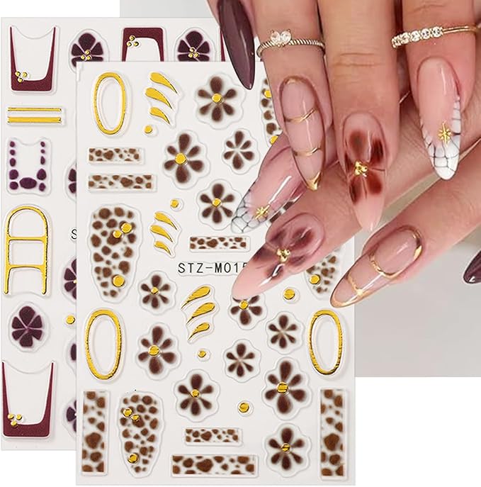 4 Sheet Fall Flower Nail Art Stickers 3D Self-Adhesive French Tip Nail Stickers with Golden Gilding Lines Leopard Print Design Autumn Floral Nail Decals Nail Art Supplies for Women Acrylic Manicure