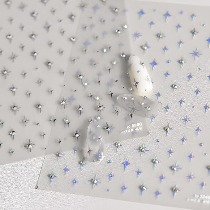 Star Nail Stickers 5D Embossed Star Nail Decals for Nail Art Self Adhesive Silver Aurora Star Nail Art Stickers with Glitter Shiny Nail Art Design Star Nail Supplies for DIY Manicure for Women Girls