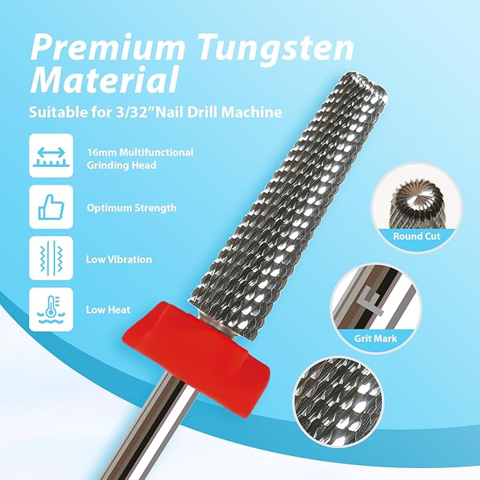 16mm 5 in 1 Nail Drill Bits for False Nail Apply, 3/32'' Tapered Tungsten Carbide Professional Bit, Slender Bit for Corners, Left & Right Hand Use, Manicure Cuticle Gel Polishing, Fine.