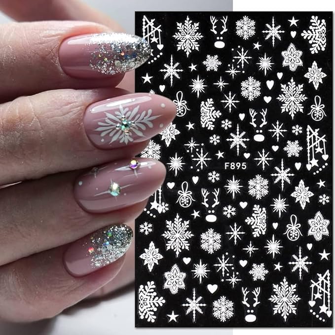 8 Sheets Christmas Nail Art Stickers Decals Self-Adhesive Holiday White Snowflakes Winter Nail Supplies Nail Art Design Decoration Accessories