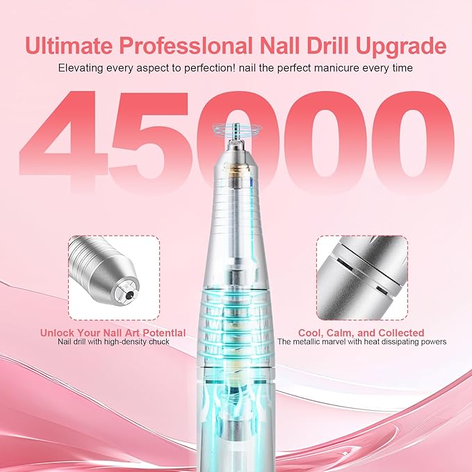 Electric 45000RPM Nail Drill Machine Rechargeable Portable Nail File Electric DIY Nail Drill Kit with Smart LCD Screen for Gel Nail Manicure and Pedicure Reflective Body etc (White)