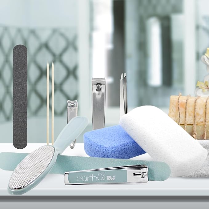 Earth & I Nail Clippers and Pumice Stones for Feet with Manicure Set, Foot Scrubber, Nail File, Nail Clippers, Pedicure Tools for Feet, Pedicure Tools Kit - Ocean Blue - 11 Ct