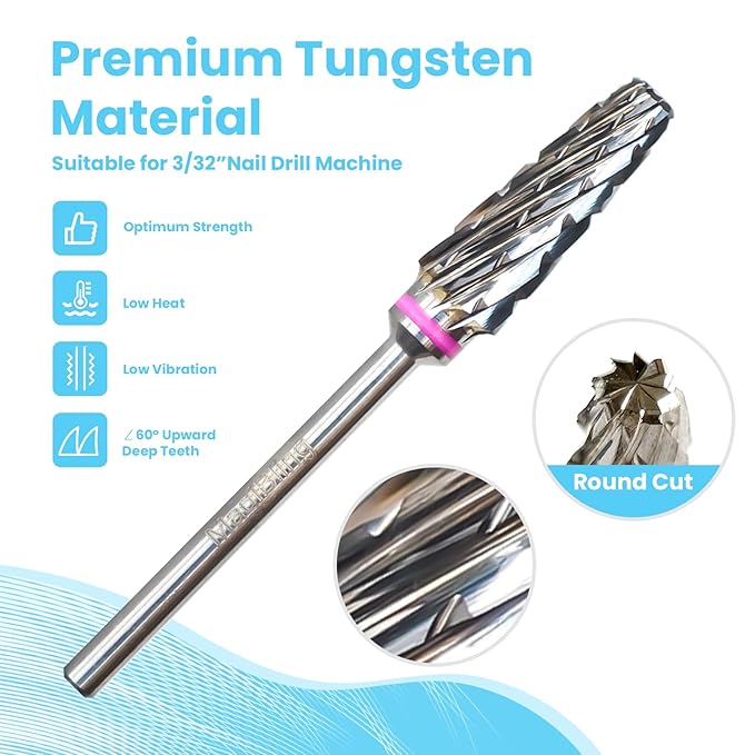 Super Cut 5 In 1 Nail Drill Bits, Tapered Barrel 3/32'' Safety Tungsten Bits, Upward Cut for Hard Gel Removal, Right Hand Use, Manicure Cuticle Gel Polishing, Technicians Bits, Double Coarse.