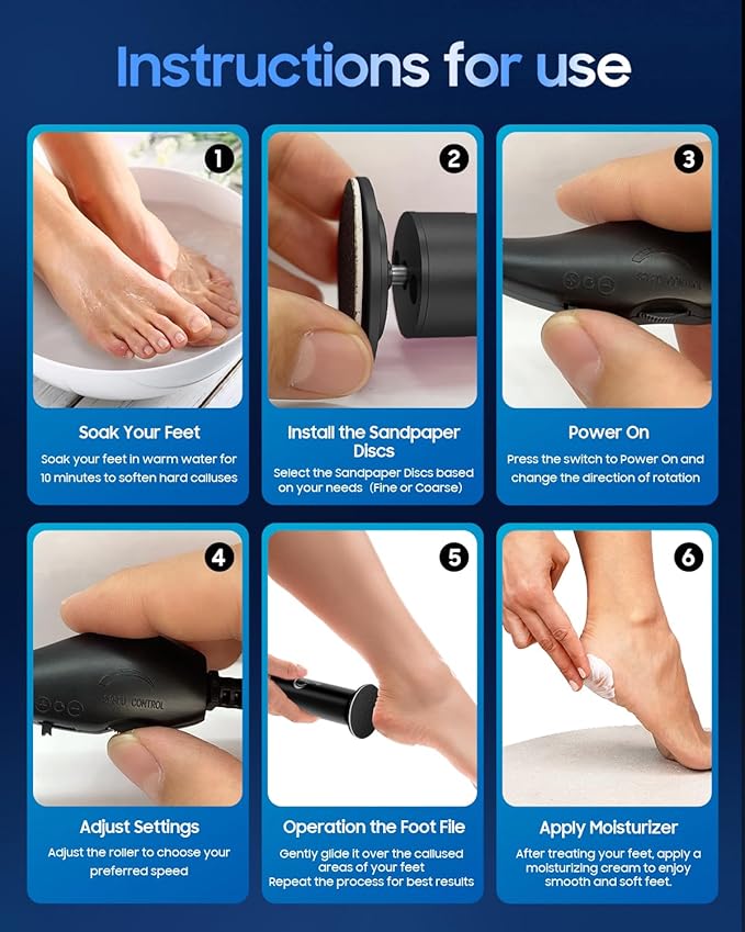 Electric Foot File - Electric Callus Remover for Feet,Adjustable Speed Foot Scrubber with 60 Pcs Sandpaper Discs,Professional Pedicure Tool for Dead Skin and Calluses - Black