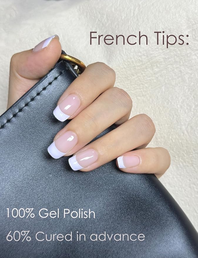Semi Cured Gel Nail Strips | Classic French 20pcs Semi Cured Gel Nails Sticker | Gel Nail Wraps UV for Home Nails DIY (Nude Transparent)