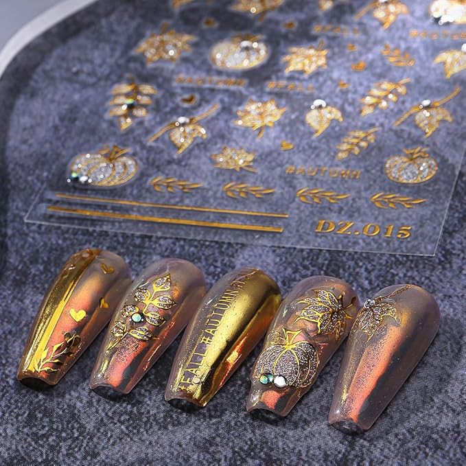 Fall Maple Leaves Nail Art Stickers, Gold Glitter Nail Decals 3D Self-Adhesive Pumpkin Fall Leavers Nails Stickers with Rhinestone Design 3Pcs Nail Art Supplies for Women Nail Decoration