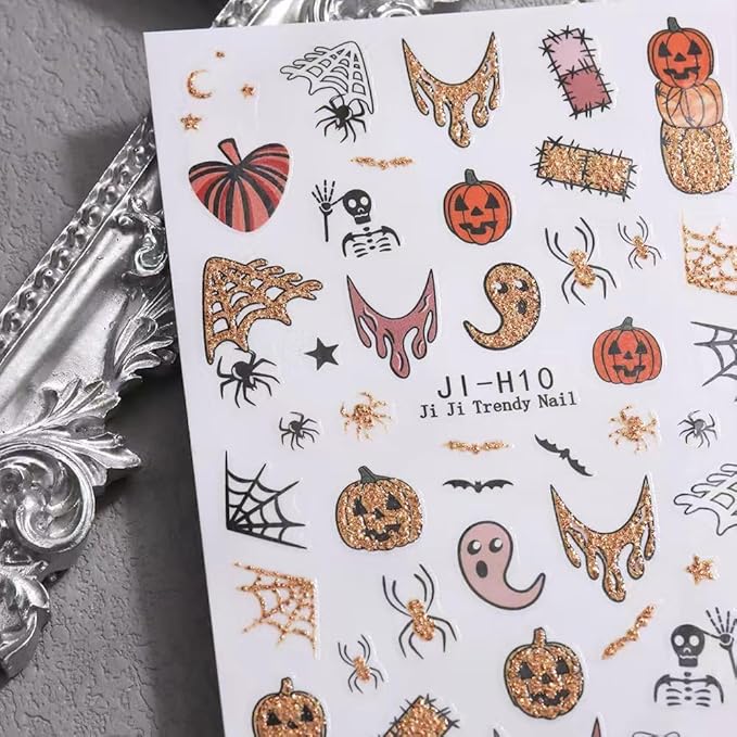Halloween Nail Stickers Ghost Pumpkin Nail Decals DIY Self Adhesive Spider Web Gold Orange Nail Design 3D Nail Decoration Supplies Holiday Manicure Accessories for Women Girls 4Pcs