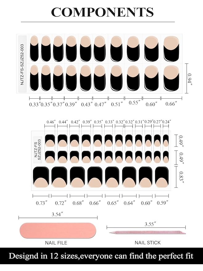EBANKU 52Pcs Semi-Cured Gel Nail Strips Toes, Black Deep French Gel Nail Strips for Toes, Long-Lasting French Manicure Stickers Salon Nails at Home Requires UV Light with Nail File&Stick